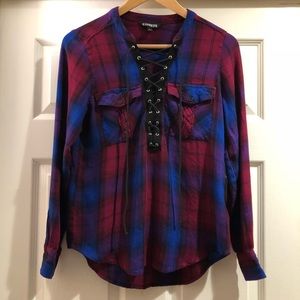 Express lace up front tunic plaid flannel